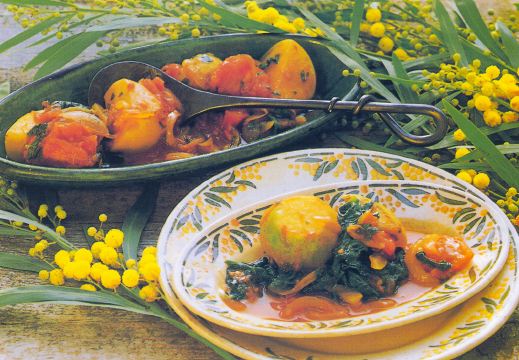 nabos especiados con espinacas y tomates