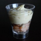 Espuma de patatas, gambas y olivas